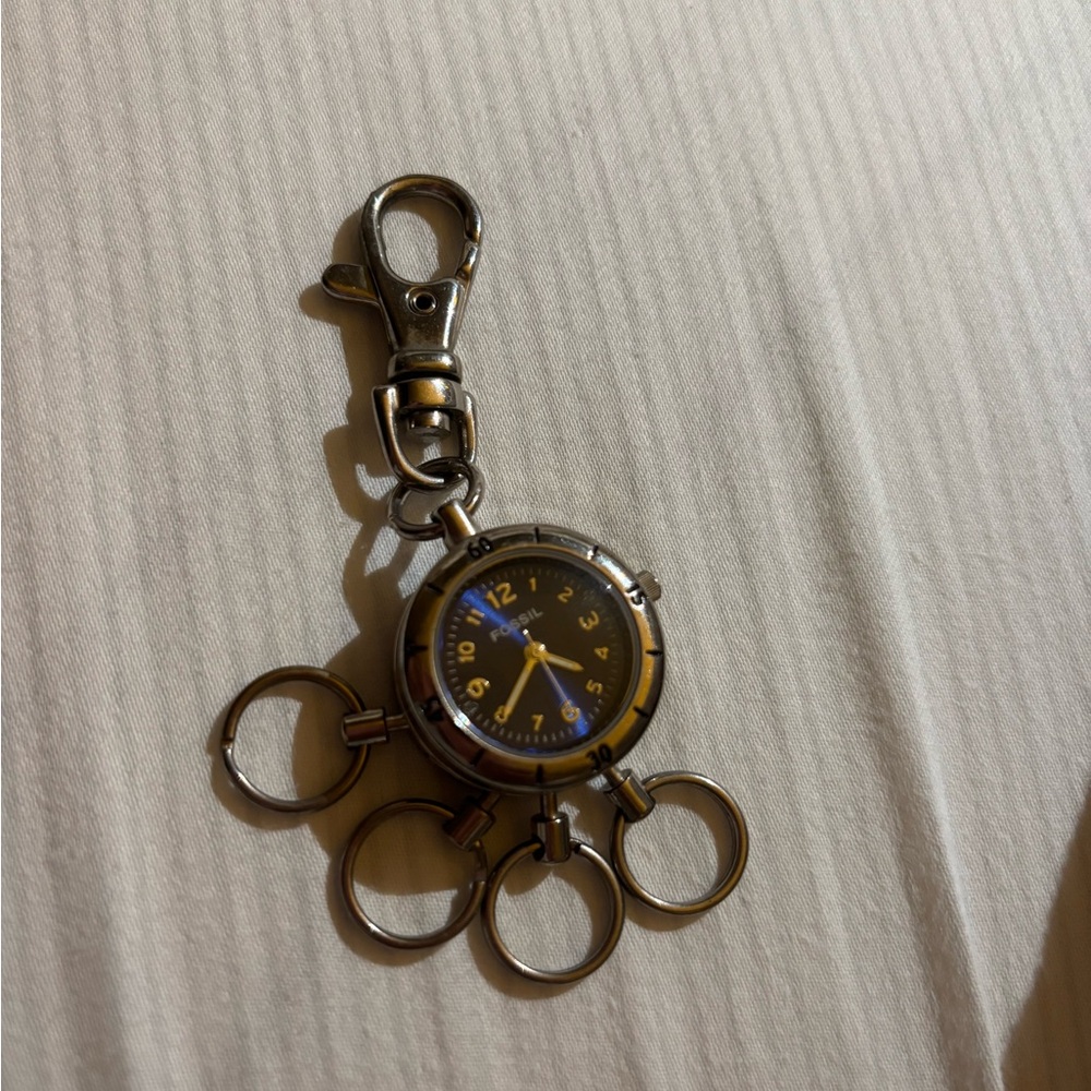 Fossil Silver and Blue Vintage Pocket Watch with Keychains